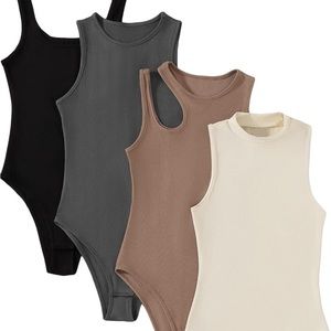 Milumia Cream Women's Bodysuit Ribbed Sleeveless Crewneck Solid Basic Bodysuits